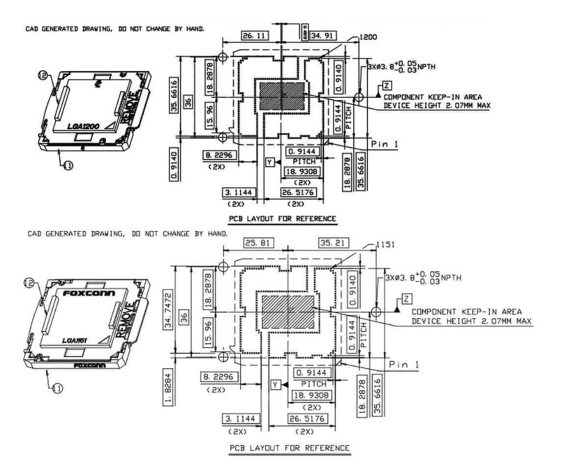 Schéma socketu LGA 1200 (nahoře, dole srovnání s LGA 1151)