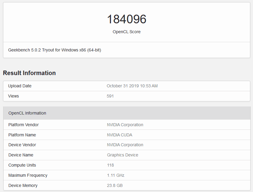 Možný únik GPU Nvidia Ampere v Geekbench, vzorek se 118 bloky SM