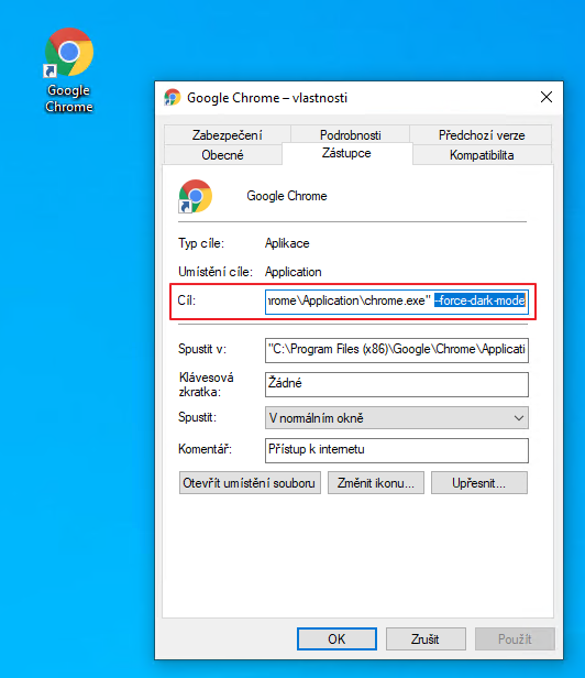 Chcete-li tmavý režim vynutit, přidejte uvedený parametr do pole Cíl u v okně s vlastnostmi zástupce aplikace