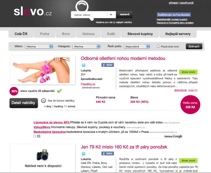 Slevo.cz: obsáhlý prostor věnovaný presentaci služeb