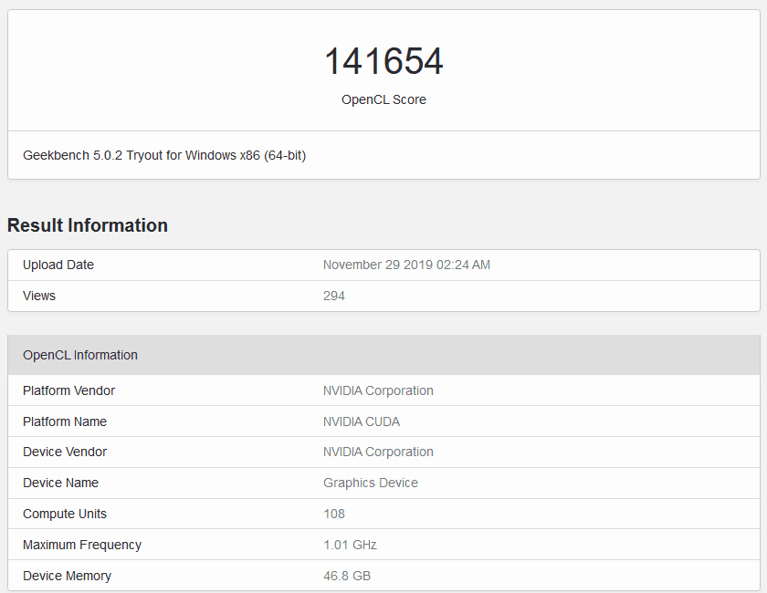 Možný únik GPU Nvidia Ampere v Geekbench