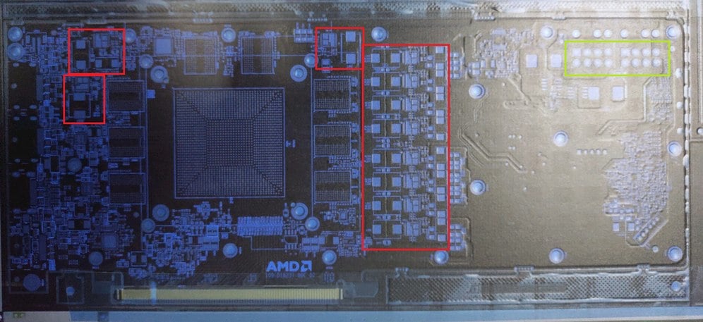 Červeně: 8+3 napájecí fáze PowIRstage; žlutozeleně: 2× osmipinový napájecí konektor