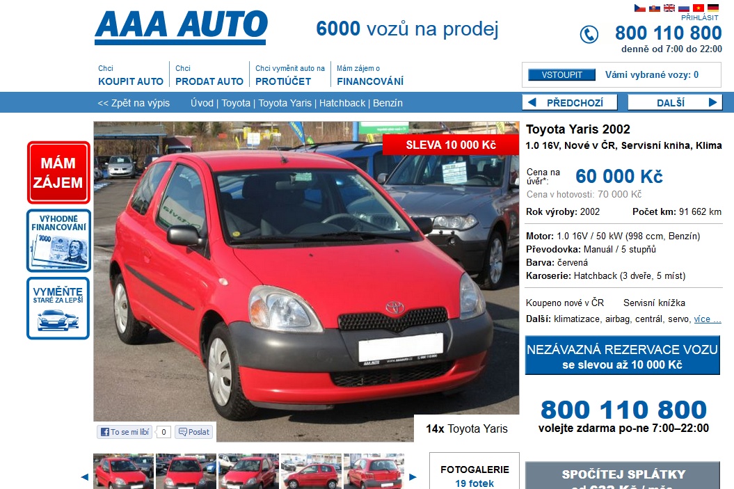 Původní nabídka prodeje vozidla na webu AAA Auto.