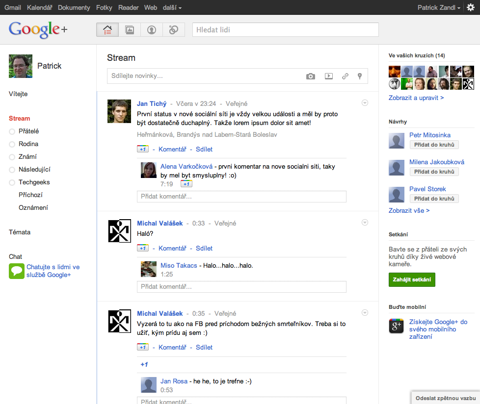 Základní obrazovka Google Plus rozložením připomíná Facebook
