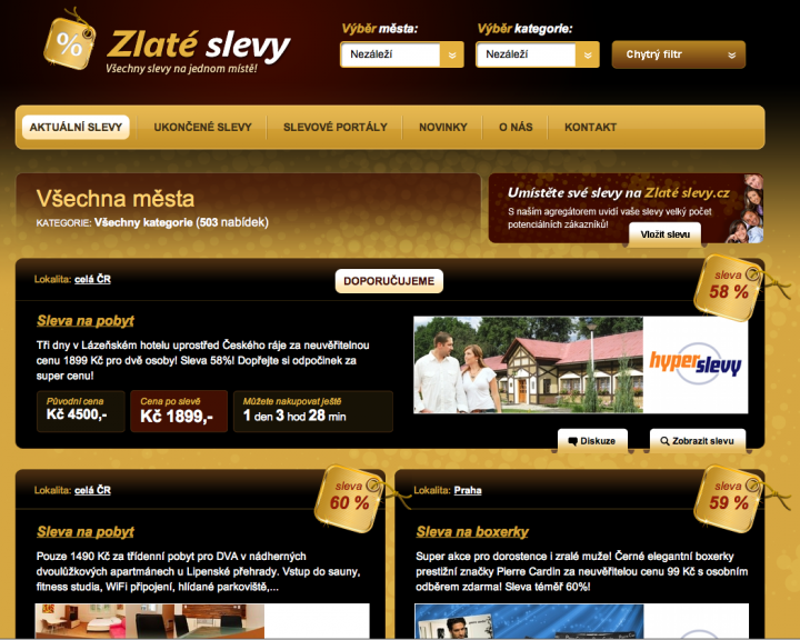 ZlatéSlevy.cz: atraktivní design, který poutá pozornost ke zboží a vizuálně atraktivně jej presentuje. 