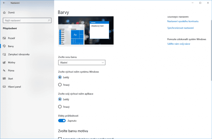 Pokud chcete, můžete vybrat jiný motiv pro systém než pro aplikace