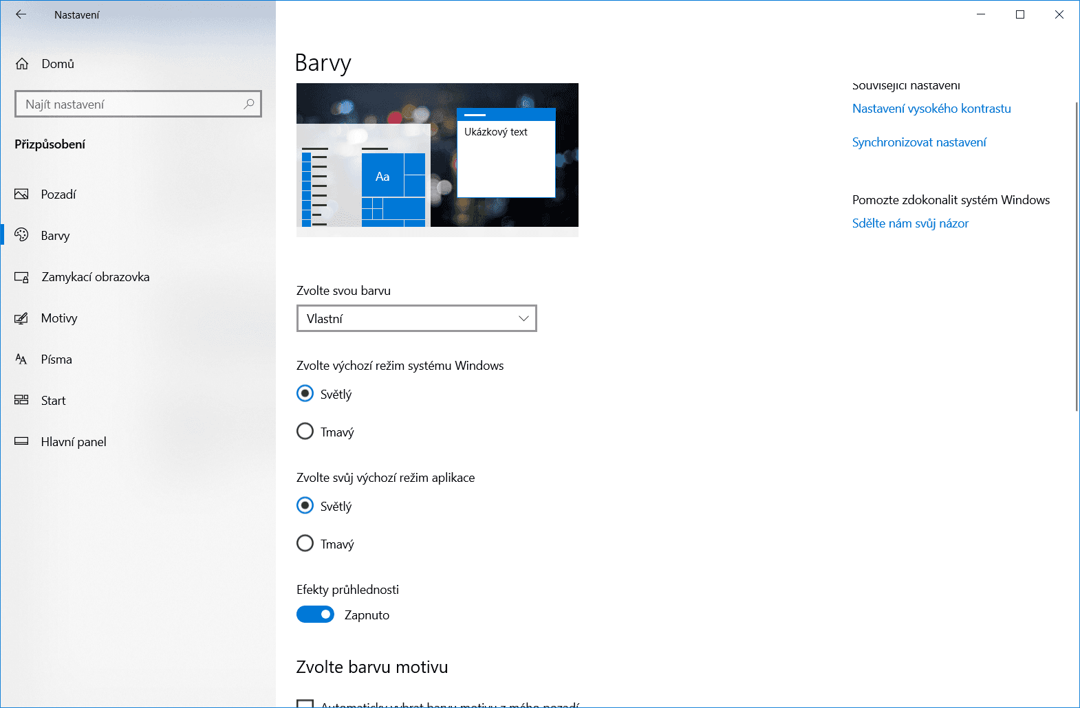 Pokud chcete, můžete vybrat jiný motiv pro systém než pro aplikace