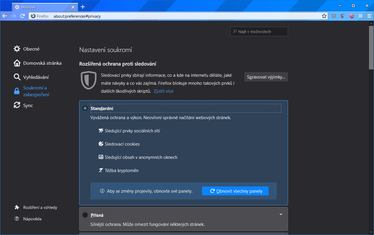 Standardní úroveň ochrany od verze 70 blokuje také sledovací prvky sociálních sítí