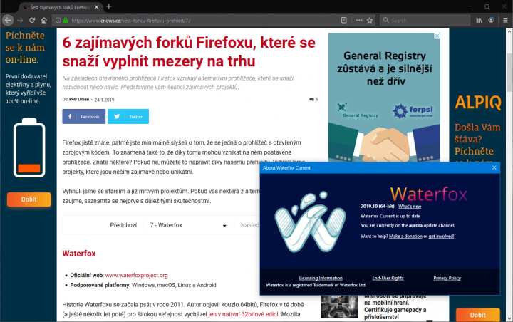 Waterfox Current se nachází v počátcích vývoje