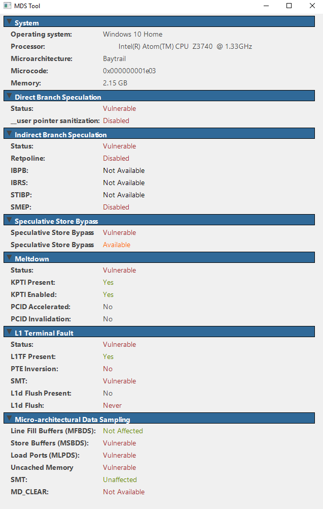 Výstup programu MDSTool-win32.exe na procesoru Intel Atom Z3740 (Bay Trail) ukazuje stav MDS zranitelností a některých dalších bezpečnostních děr a záplat
