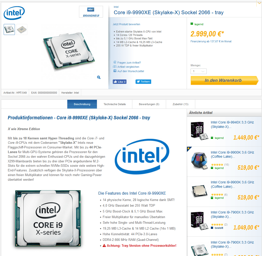 Intel Core i9-9900XE v obchodě Caseking