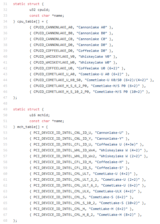 Informace k Intel Comet Lake (Zdroj: Coreboot)