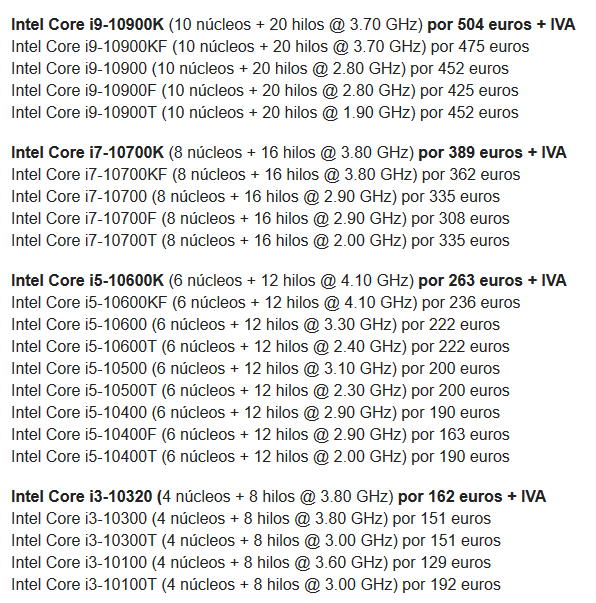 Údajné ceny procesorů Intel Comet Lake-S, v € a bez DPH (Zdroj: El Chapuzas Informático)