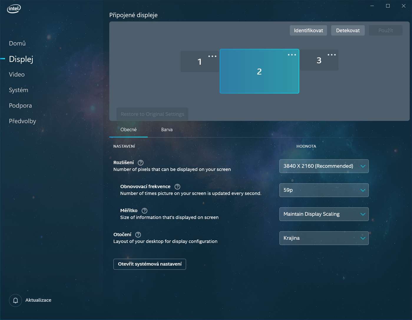 Screenshoty Intel Graphics Command Center (česká verze)