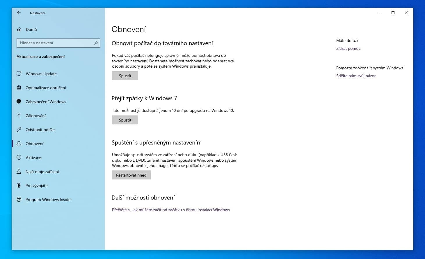Kdyby Desítky nefungovaly dobře, můžete snadno a rychle obnovit původní instalaci. Musíte tak ale učinit do 10 dní