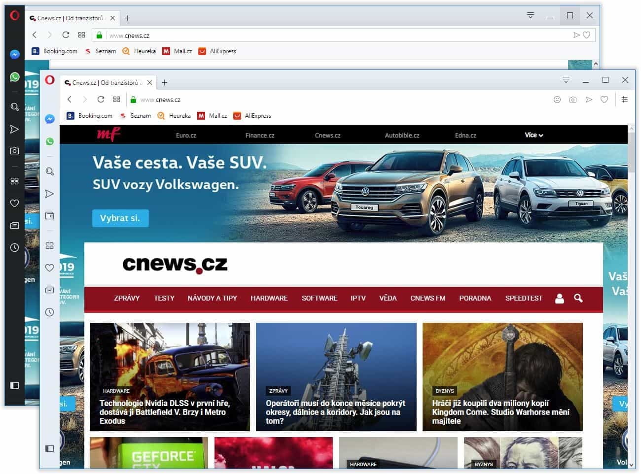 Na pozadí současná Opera 58, v popředí testovací verze Opery 59