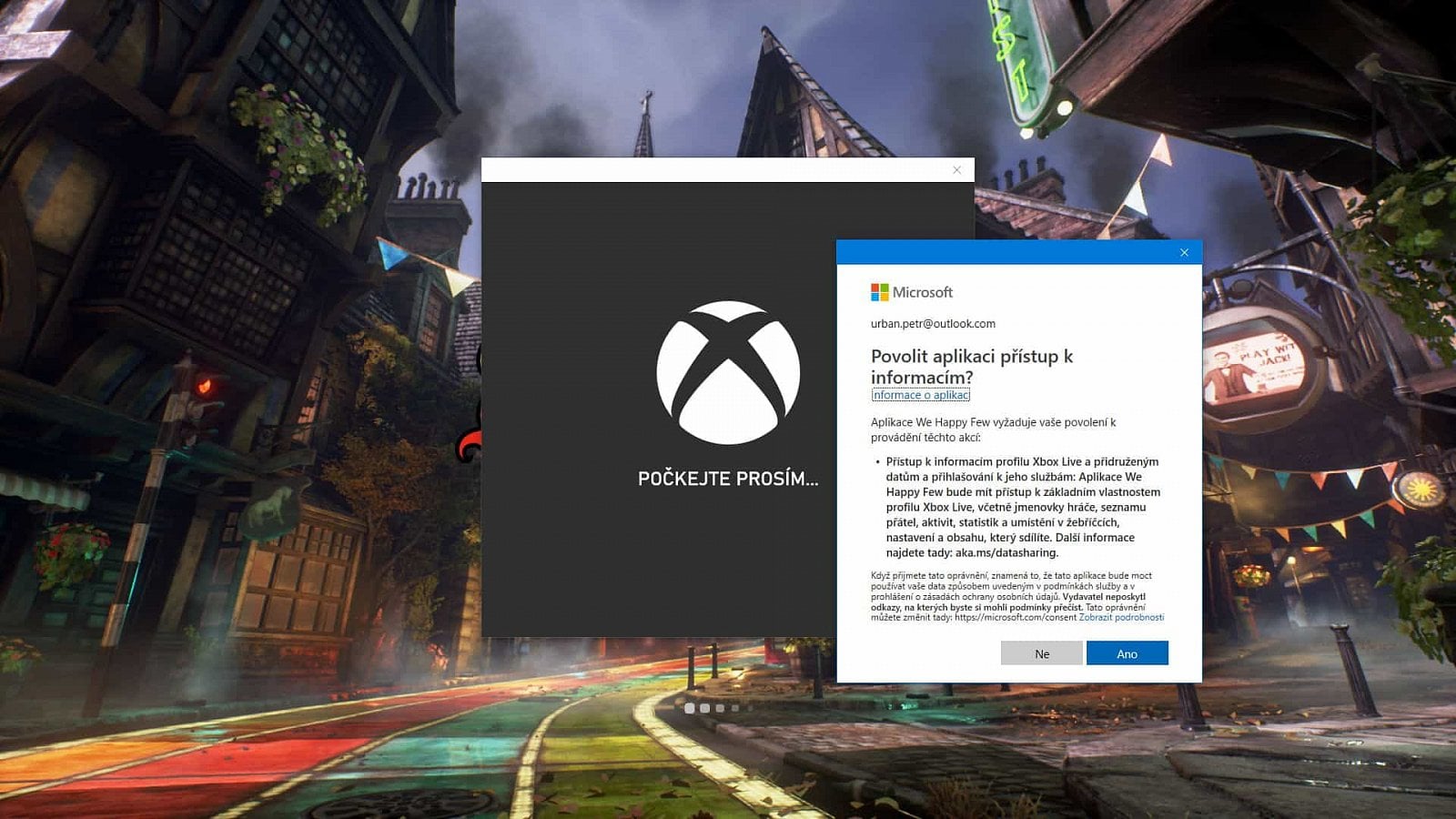 Hra při prvním spuštění vždycky vyžaduje potvrzení, že může pracovat s vaším účtem v rámci služeb Xboxu
