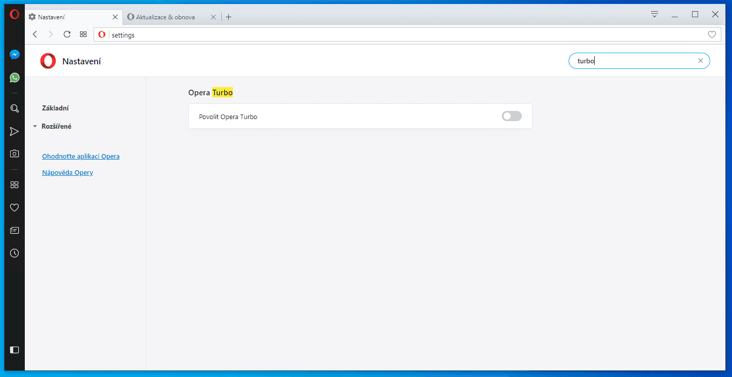 Opera 58 ještě Turbo měla, i když už bylo uklizené v nastavení