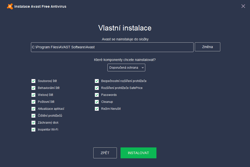 V tomto bodě instalace Avast o sběru dat mlčí