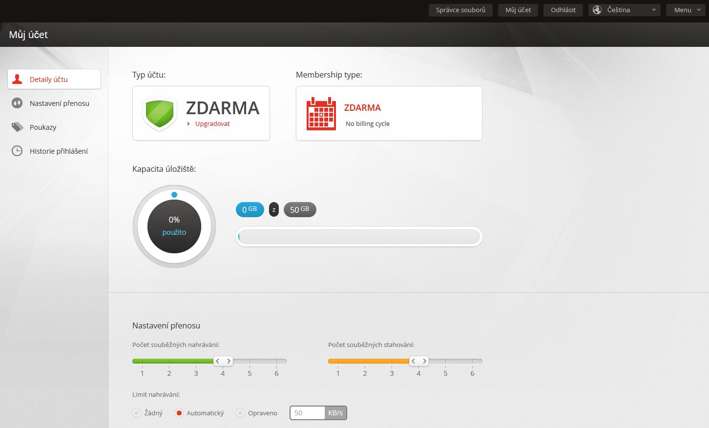 Rozhraní uživatelského účtu.