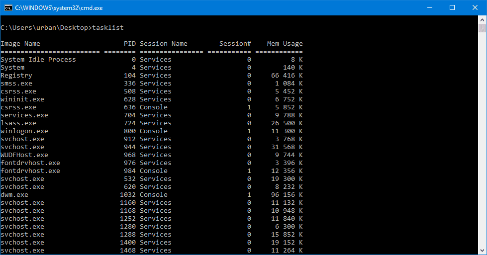 tasklist vypíše seznam procesů