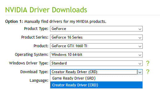 Stažení Nvidia Creator Ready Drivers probíhá jako obvykle, jen musíte zvolit tento typ ovladače v předposlední kolonce