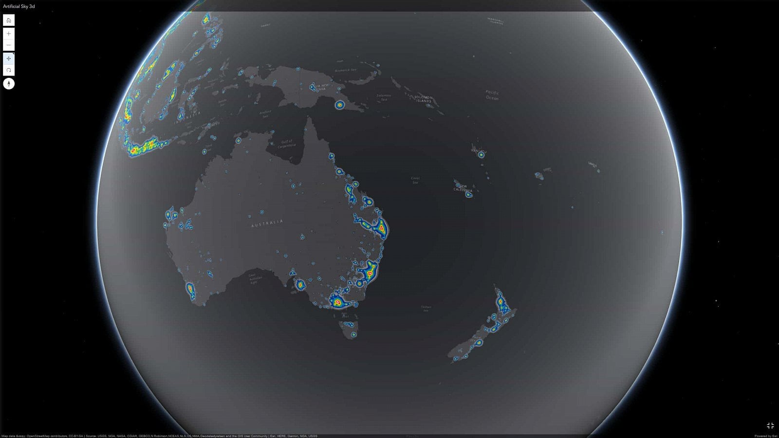 Světová mapa světelného znečištění