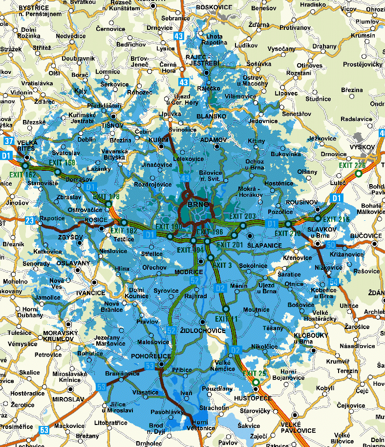 Mapa pokrytí multiplexu 3 z vysílače Brno - Hády (kanál 59)