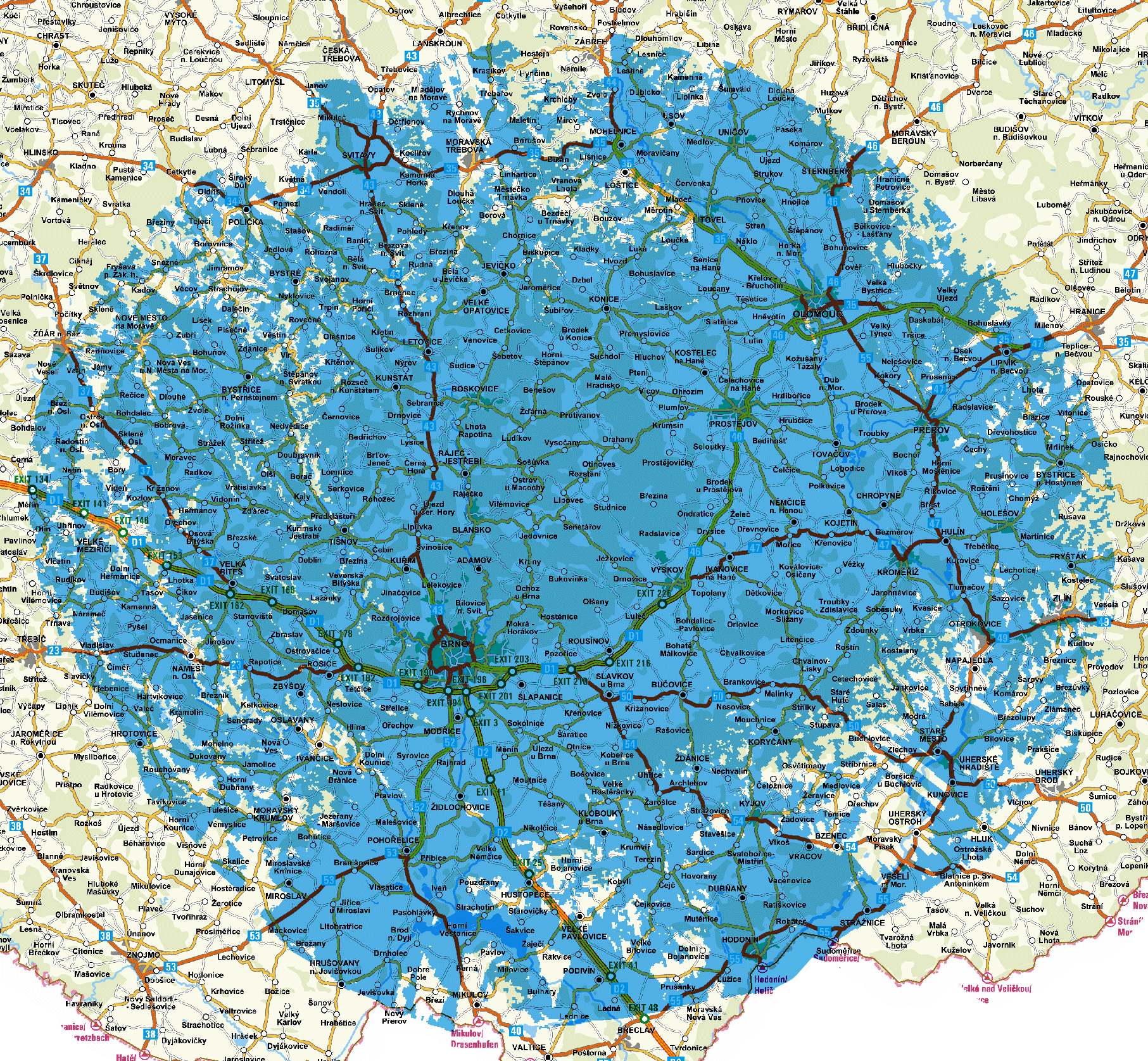 Mapa pokrytí multiplexu 3 z vysílače Brno - Kojál (kanál 59)