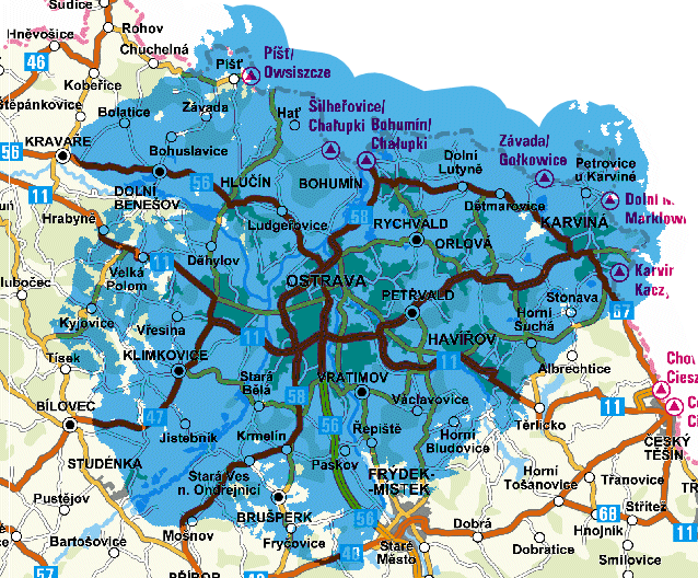 Mapa pokrytí multiplexu 3 z vysílače Ostrava - Hladnov (kanál 48)