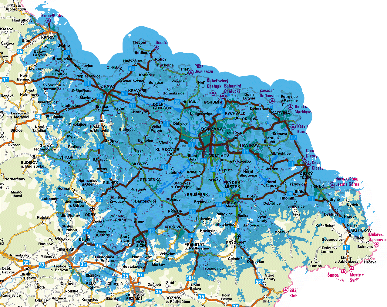Mapa pokrytí multiplexu 3 z vysílače Ostrava - Hošťálkovice (kanál 48)
