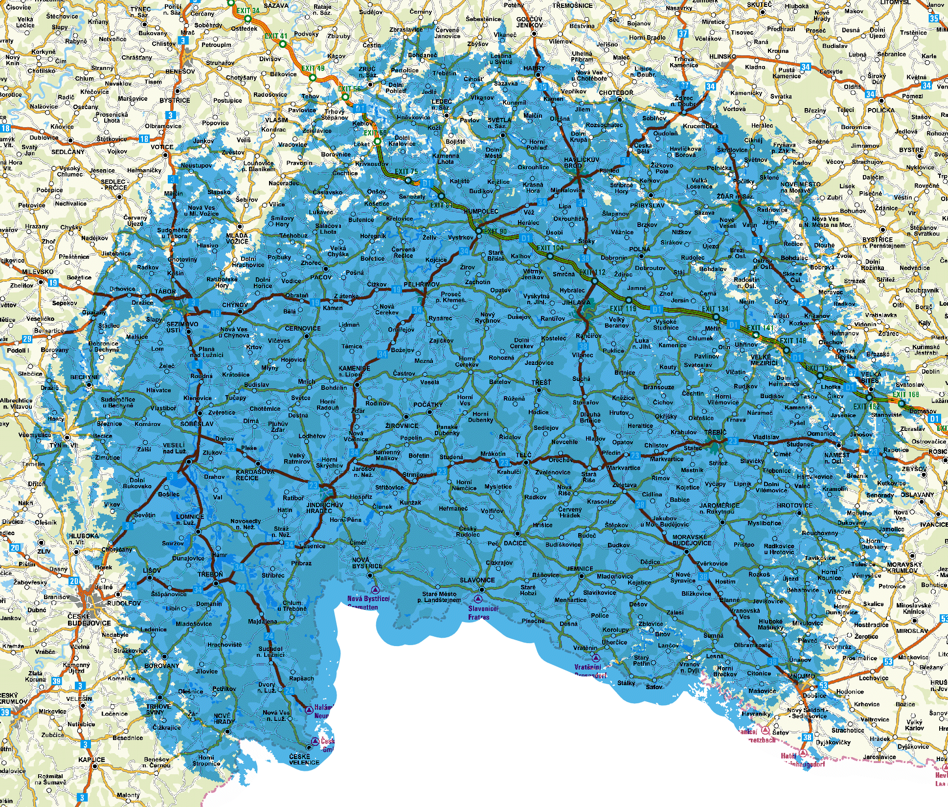 Mapa pokrytí multiplexu 3 z vysílače Jihlava - Javořice (kanál 30)