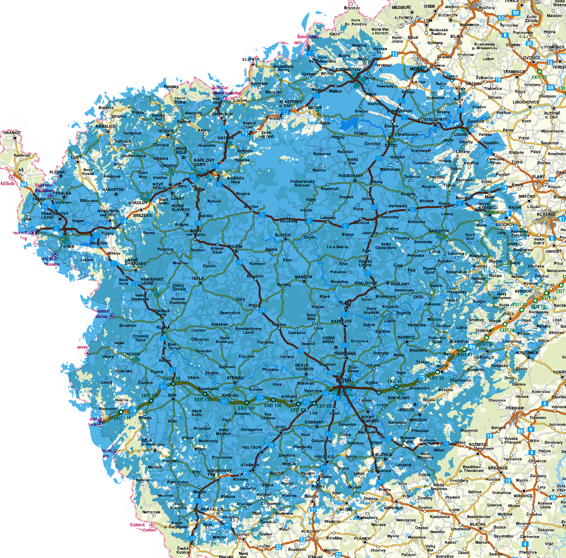 Mapa pokrytí multiplexu 3 z vysílače Plzeň - Krašov (kanál 52)