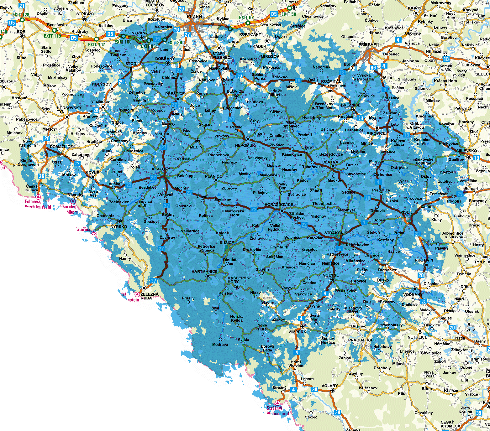 Mapa pokrytí multiplexu 3 z vysílače Sušice - Svatobor (kanál 52)