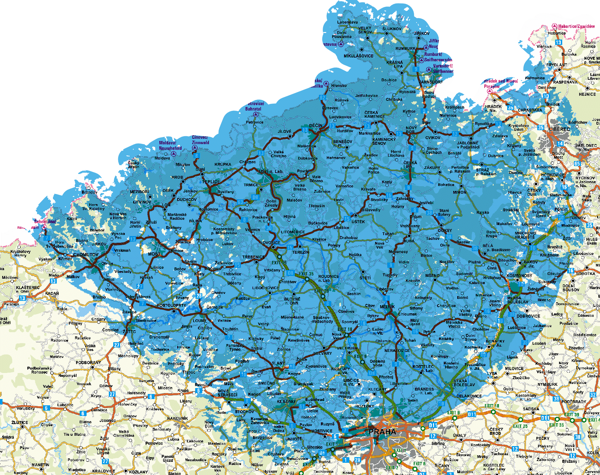 Mapa pokrytí multiplexu 3 z vysílače Ústí nad Labem - Buková hora (kanál 55)