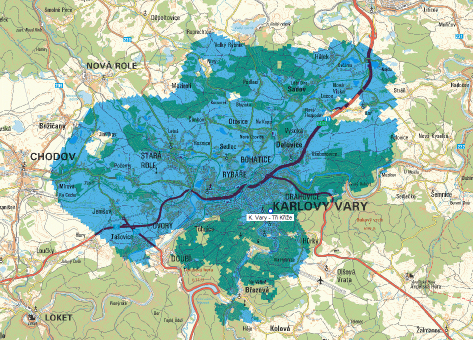 Mapa pokrytí multiplexu 3 z vysílače Karlovy Vary - Tři kříže (kanál 60)