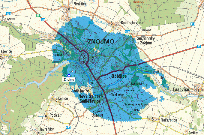 Mapa pokrytí multiplexu 3 z vysílače Znojmo - Kraví hora (kanál 49)