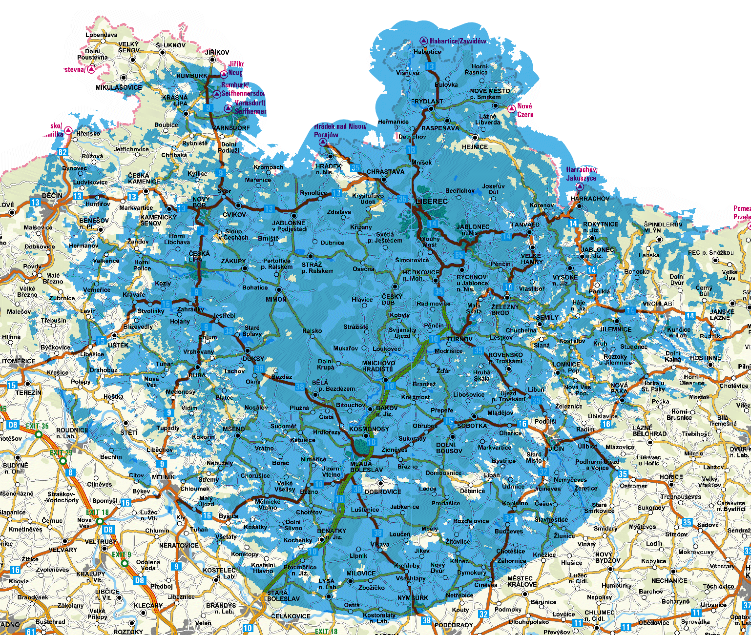 Mapa pokrytí multiplexu 3 z vysílače Trutnov - Černá hora (kanál 60)