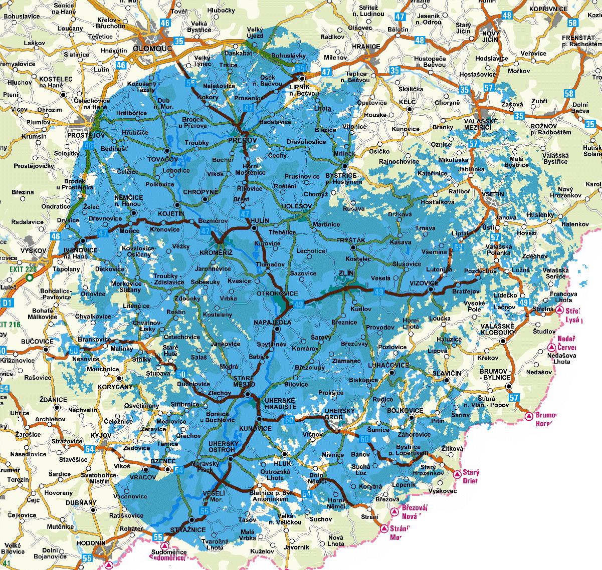 Mapa pokrytí multiplexu 3 z vysílače Zlín - Tlustá hora (kanál 25)