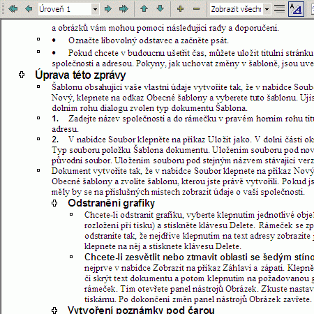 Microsoft Word při práci s osnovou a se zobrazeným toolbarem pro změnu osnovy