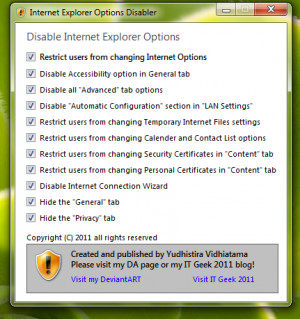 Internet Explorer Options Disabler - náhled