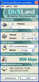 DivXLand Bitrate Calculator - náhled