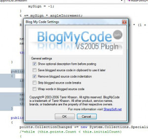 BlogMyCode Visual Studio 2005 Plugin - náhled