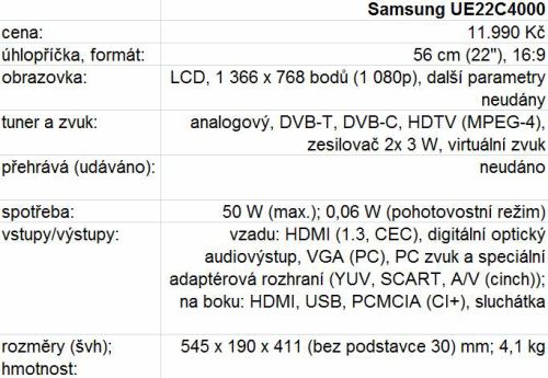 Samsung UE22C4000 technické parametry